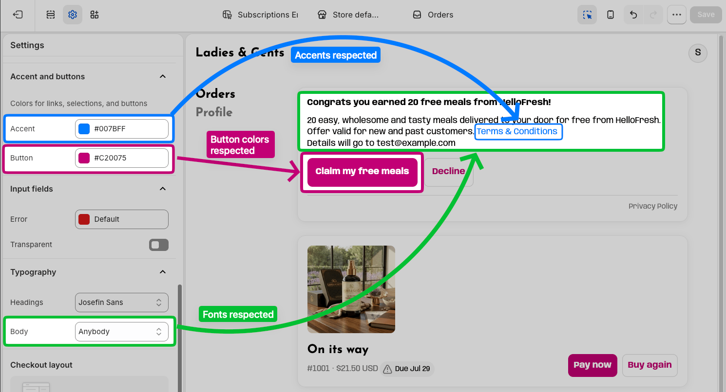 Configuración de acento, botón y tipografía del editor de checkout de Shopify con anotaciones que muestran la oferta de Rokt Thanks heredándolas