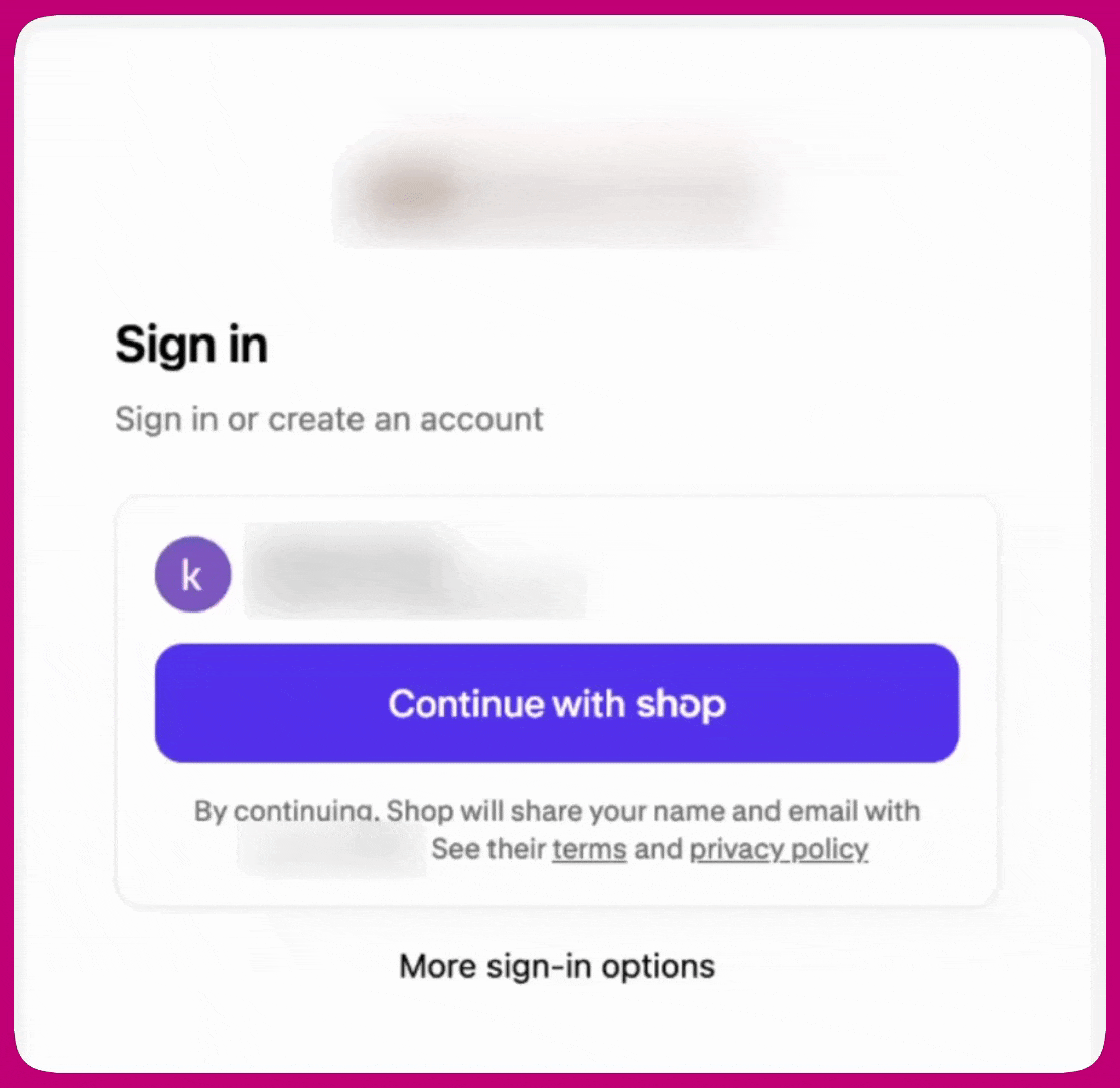 Storefront sign-in screen with a purple Continue with Shop button and More sign-in options