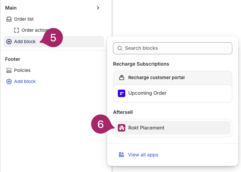 Shopify editor Add block panel with the Aftersell Rokt Thanks block highlighted