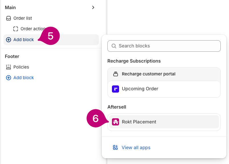 Panel Add block del editor de Shopify con el bloque Rokt Thanks de Aftersell resaltado