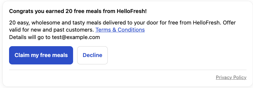 Example live Rokt Thanks offer for HelloFresh free meals with Claim and Decline buttons