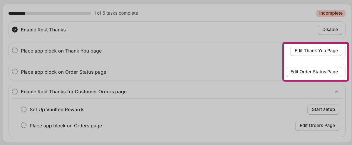 Shopify checkout editor with the Rokt Thanks app block being added