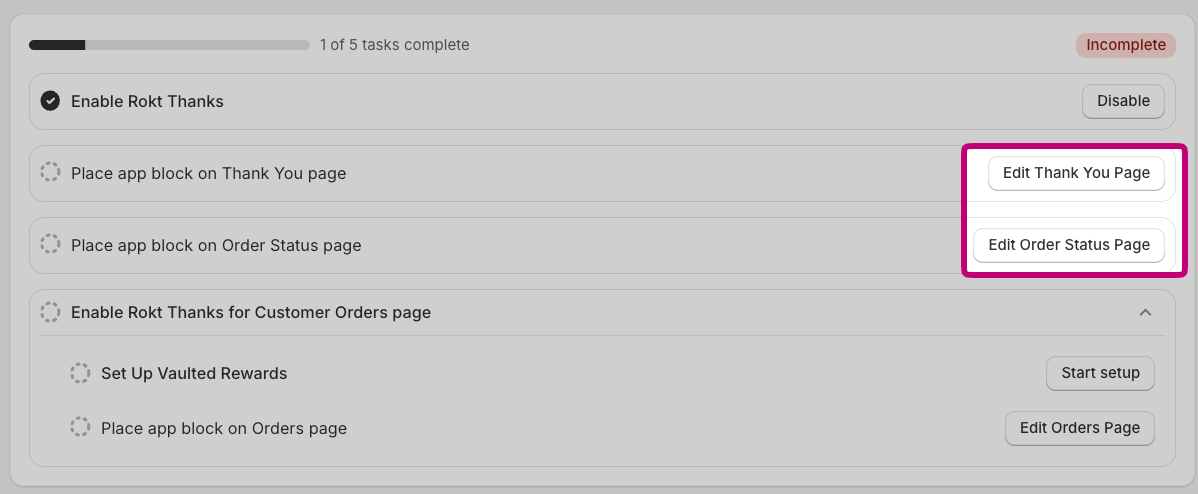 Editor de checkout de Shopify con el bloque de app Rokt Thanks siendo agregado
