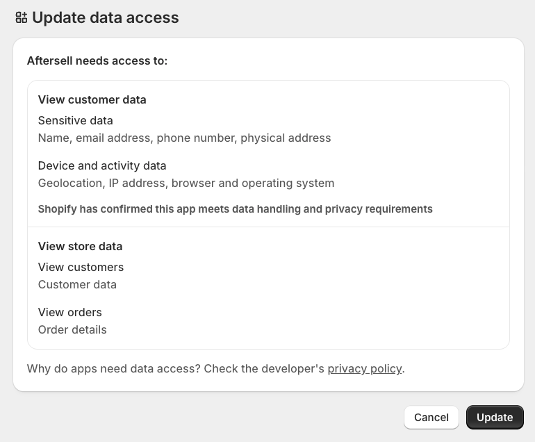Shopify Update data access prompt listing the customer and store data scopes Aftersell requests