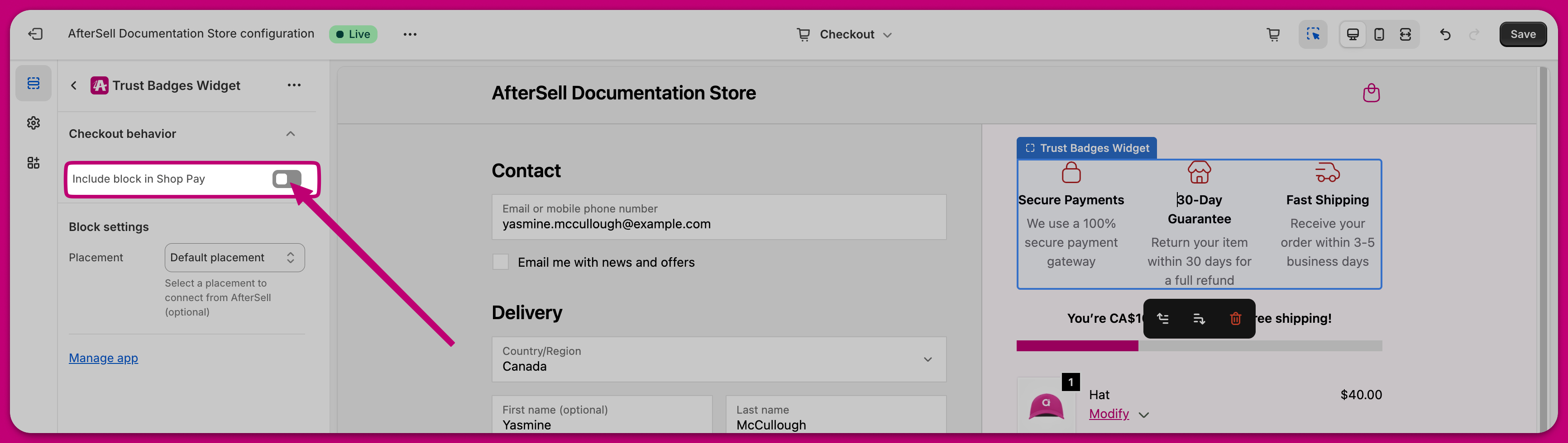 Shopify checkout editor with the Include block in Shop Pay toggle highlighted