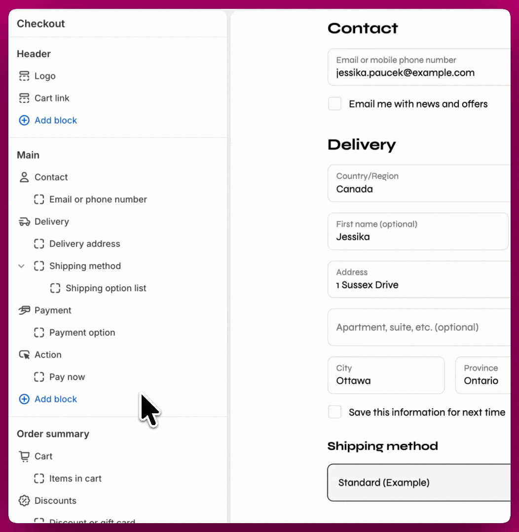 Shopify Checkout editor adding the Aftersell app block and selecting its BlockID placement