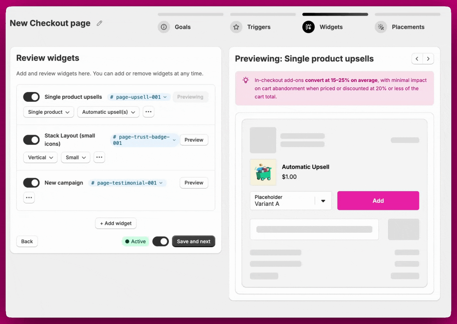 Guided setup Widgets step reviewing recommended checkout widgets with a live preview