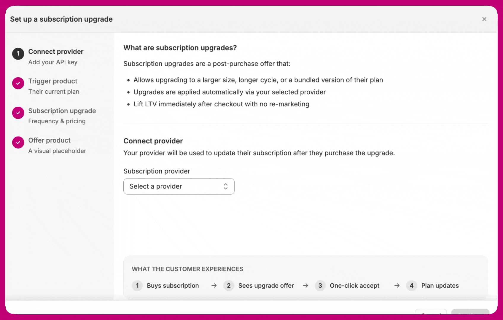 Selecting a subscription provider and entering an API token in the setup wizard