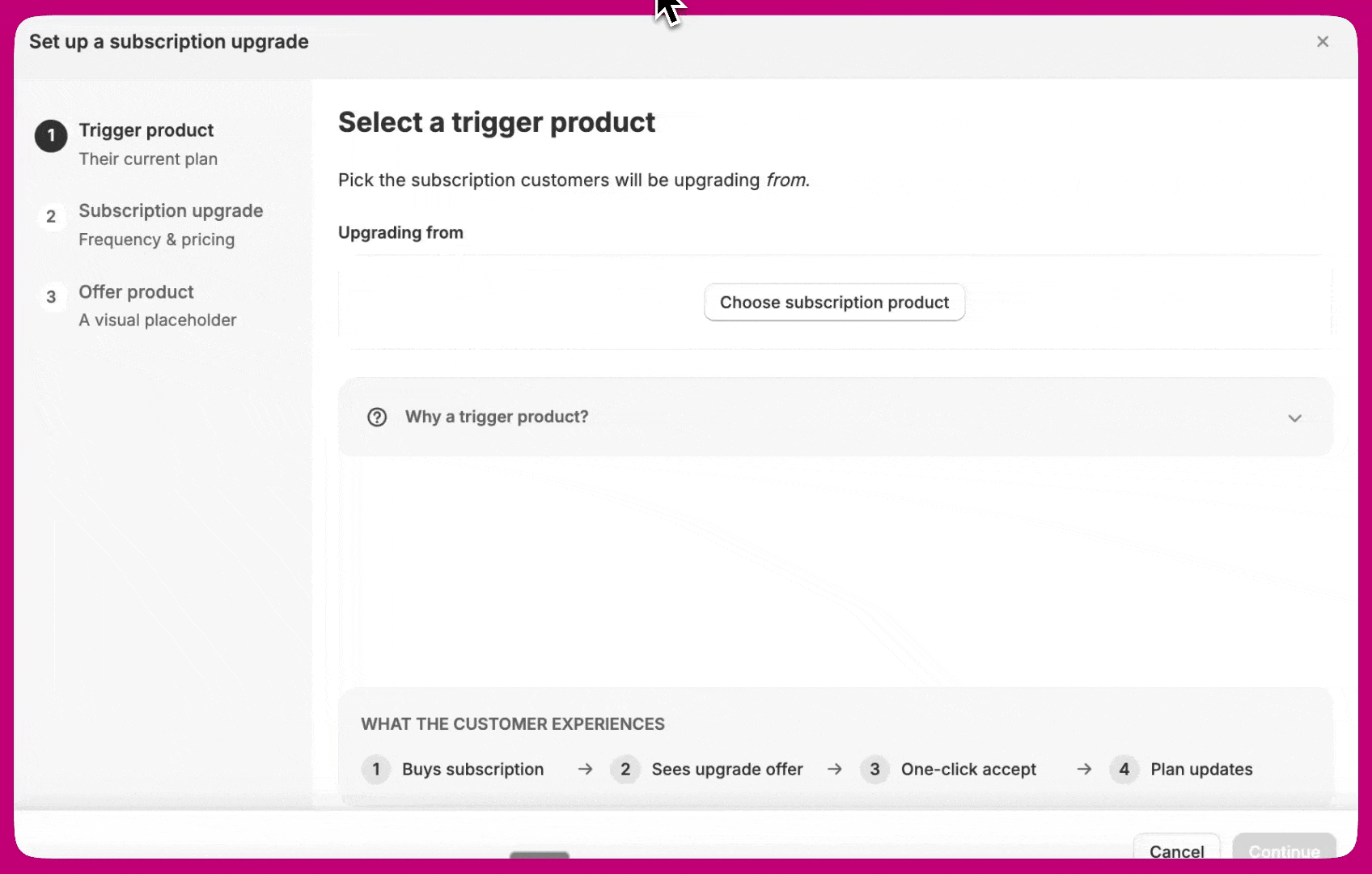Choosing the trigger subscription product in the setup wizard