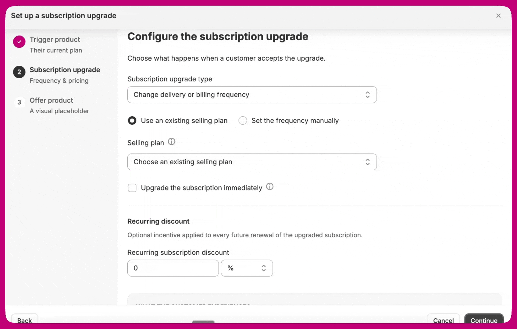 Configuring the subscription upgrade type and frequency in the wizard