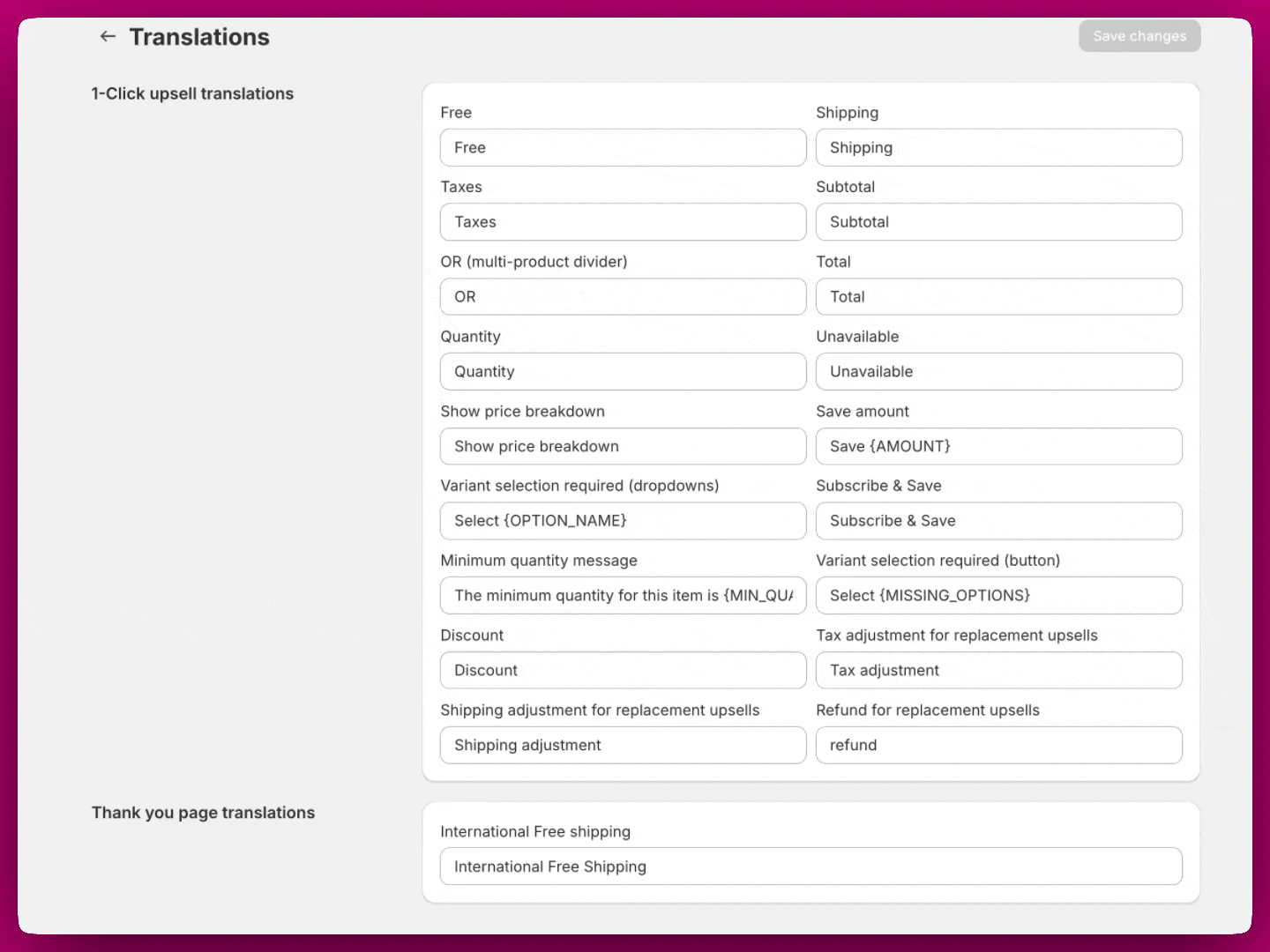 Aftersell Translations settings page with 1-Click upsell and Thank you page text fields