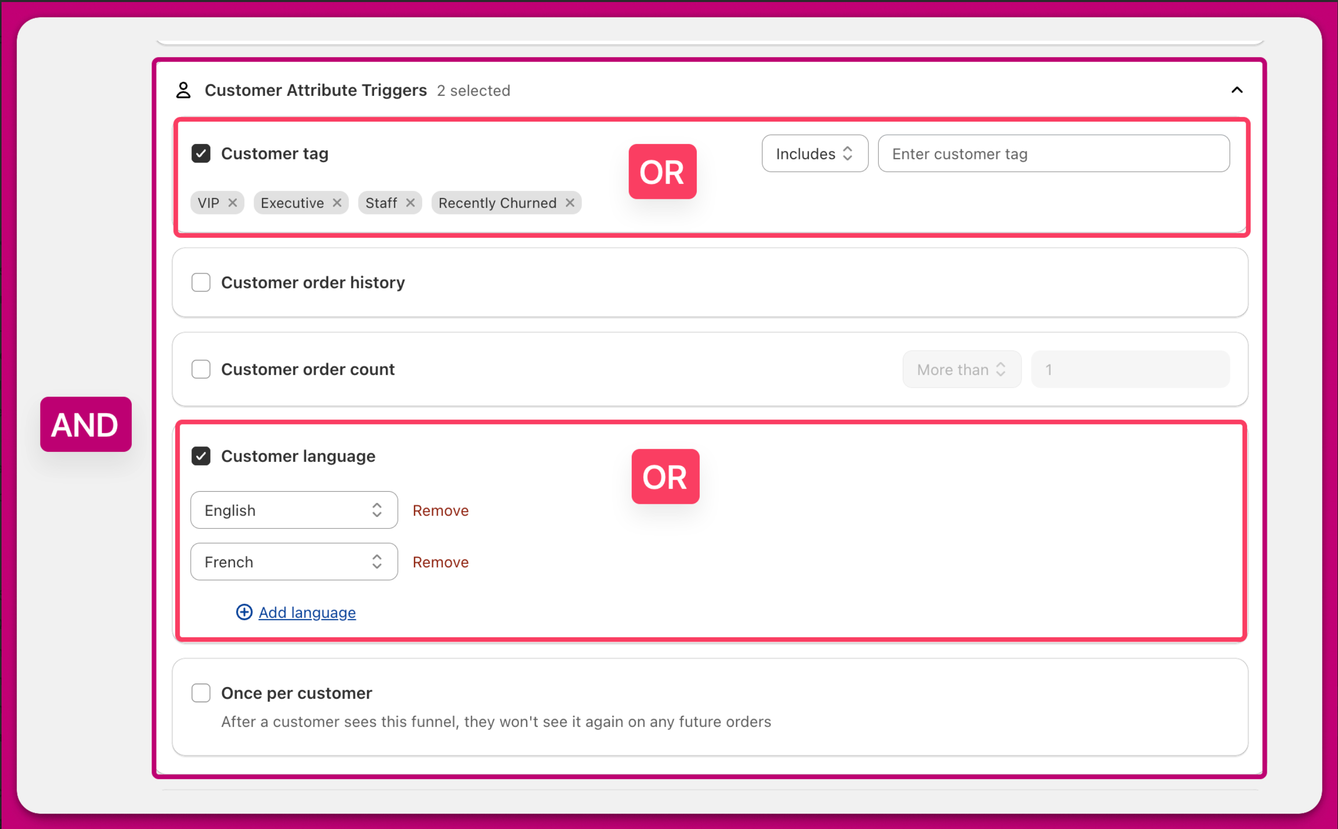 Customer Attribute Triggers panel illustrating AND between triggers and OR within each trigger