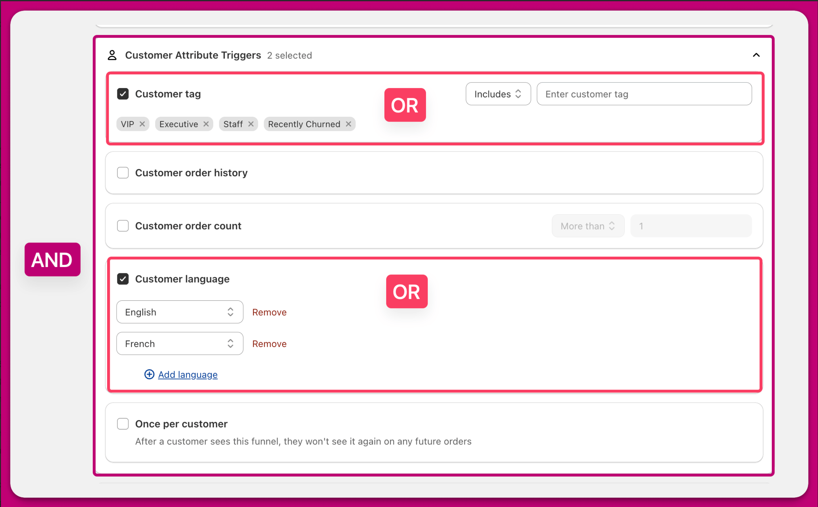 Customer Attribute Triggers panel illustrating AND between triggers and OR within each trigger