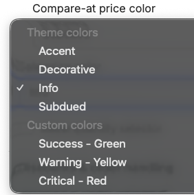 The compare-at price color options from both the theme and our presets.