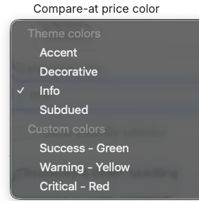 The compare-at price color options from both the theme and our presets.