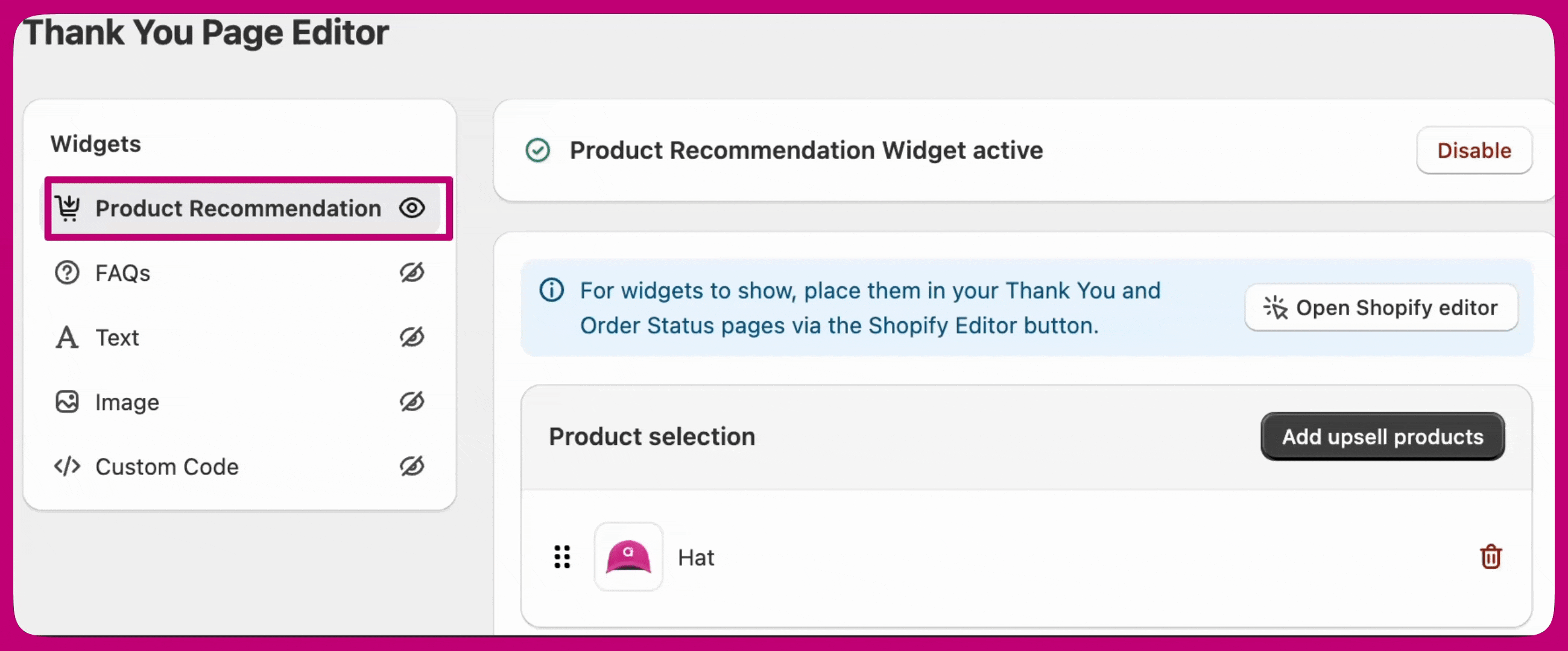 Aftersell Thank You Page editor with the Product Recommendation widget active and a product selected