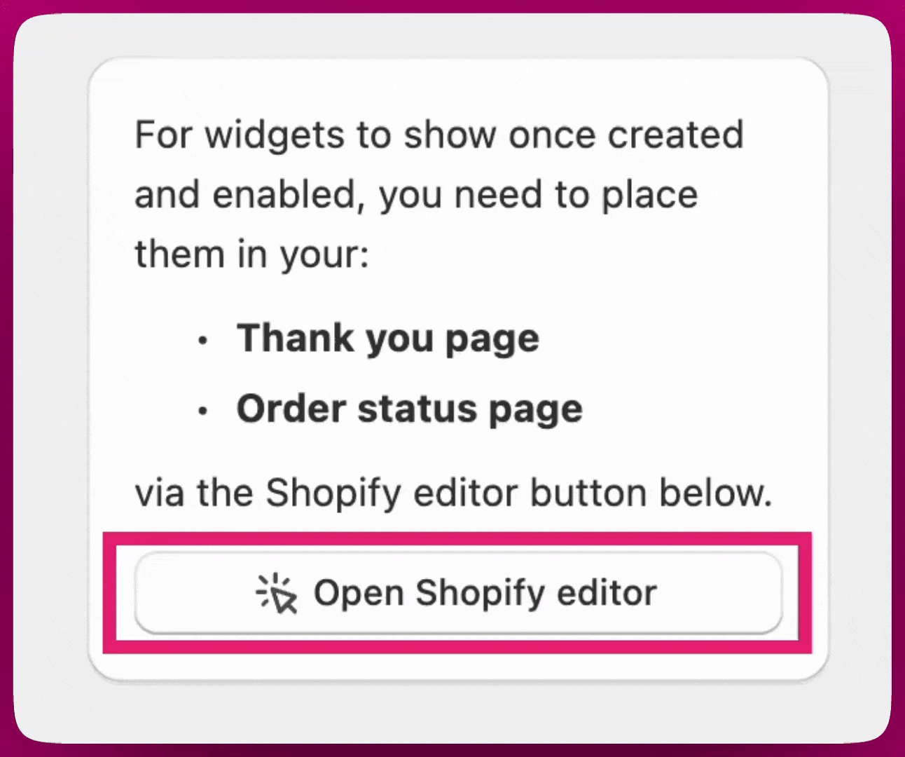 Aftersell prompt with an Open Shopify editor button for placing widgets