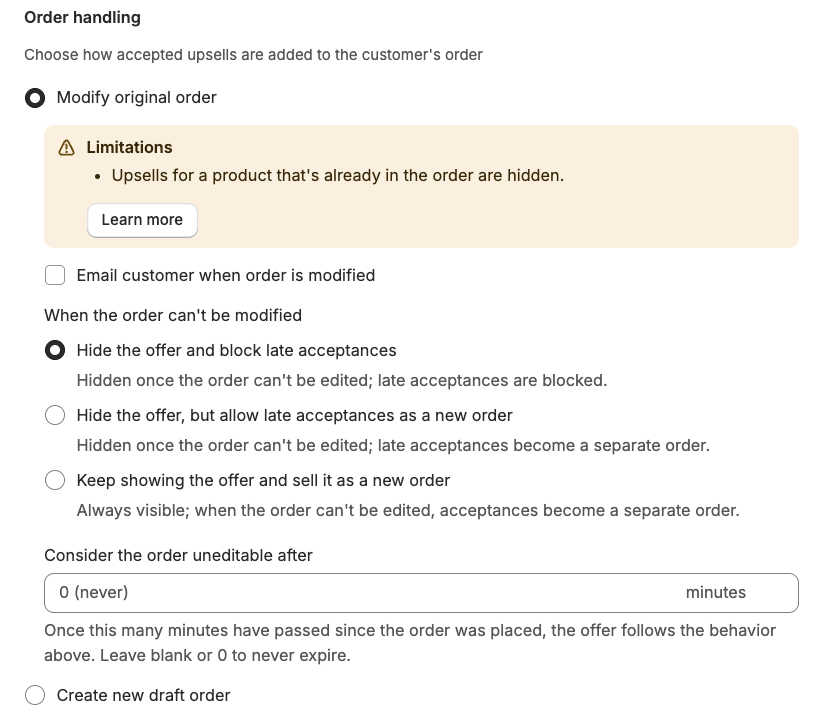 Order handling options to either modify the original order, or to create a new draft order