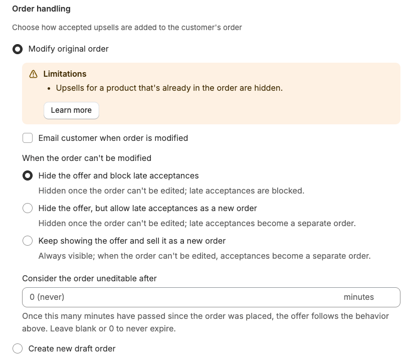 Order handling options to either modify the original order, or to create a new draft order