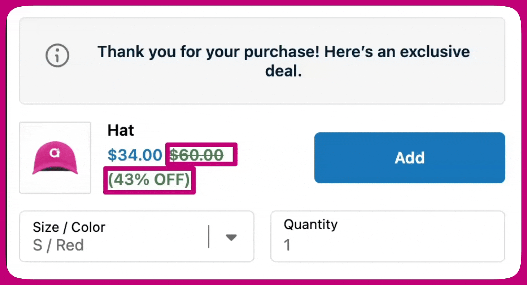 Thank You page upsell offer for a Hat showing 43 percent off with a strikethrough compare-at price