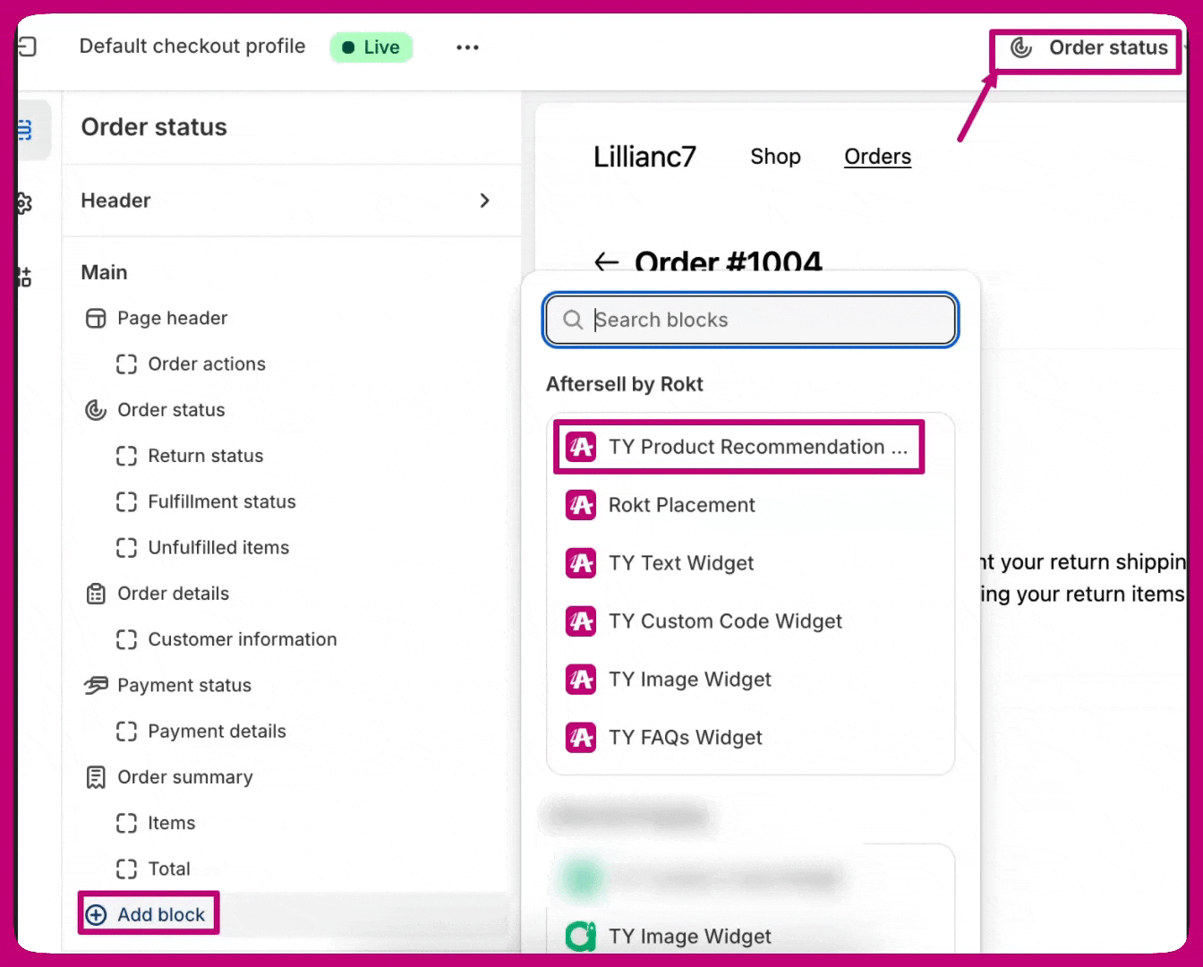Adding an Aftersell app block to the Shopify Order status page in the checkout editor