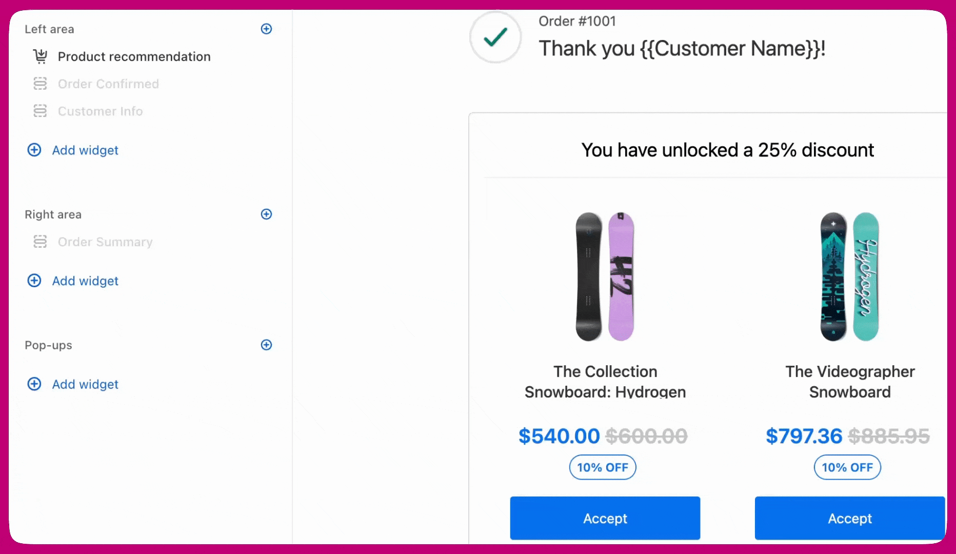 Thank you page editor showing a product recommendation widget with two discounted snowboard offers