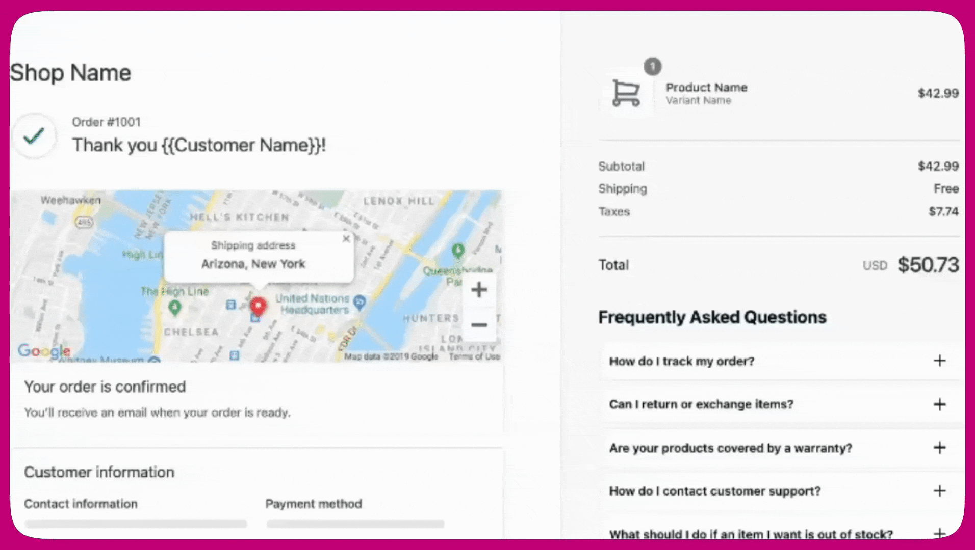 Thank you page with a Frequently Asked Questions widget of collapsible questions