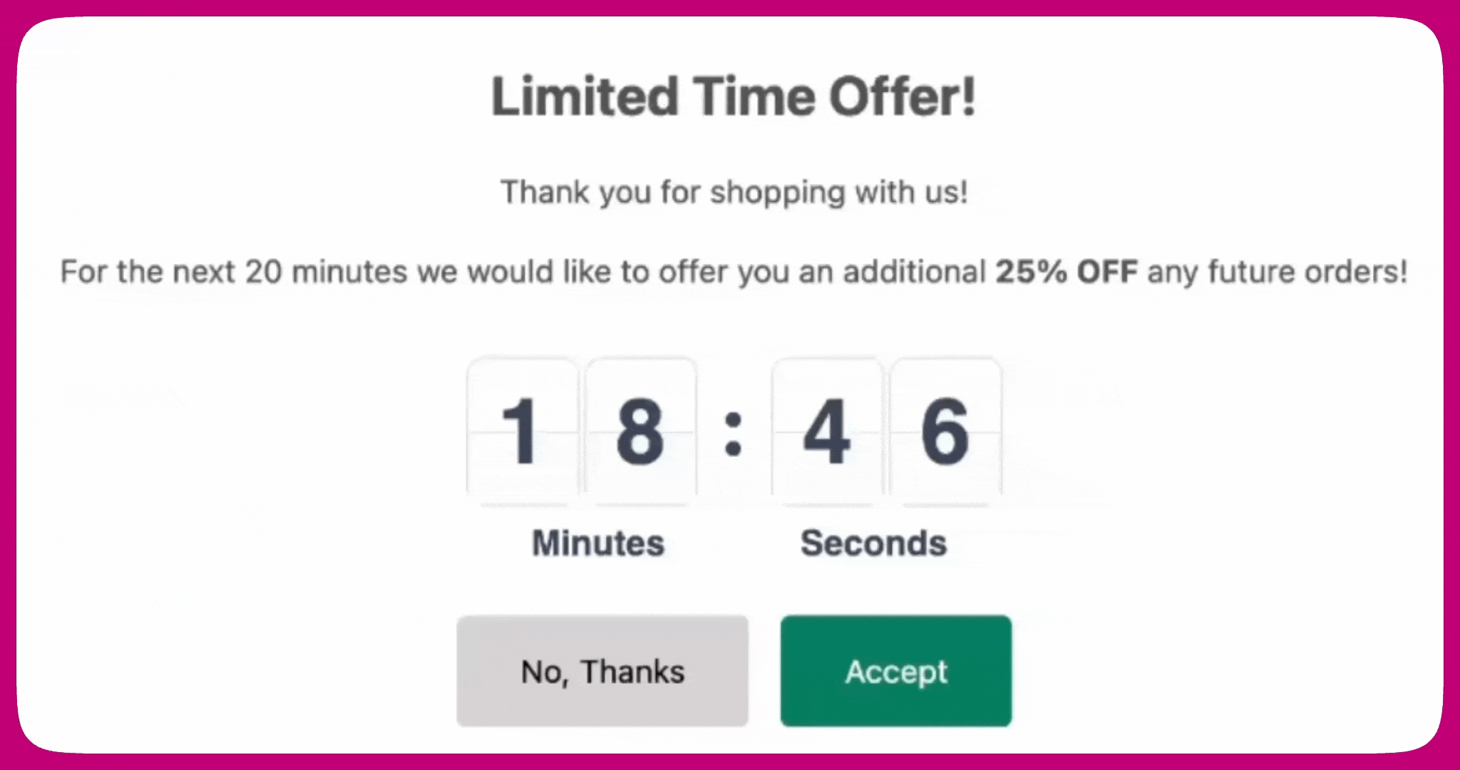 Storewide popup offering an additional 25 percent off future orders with a countdown timer