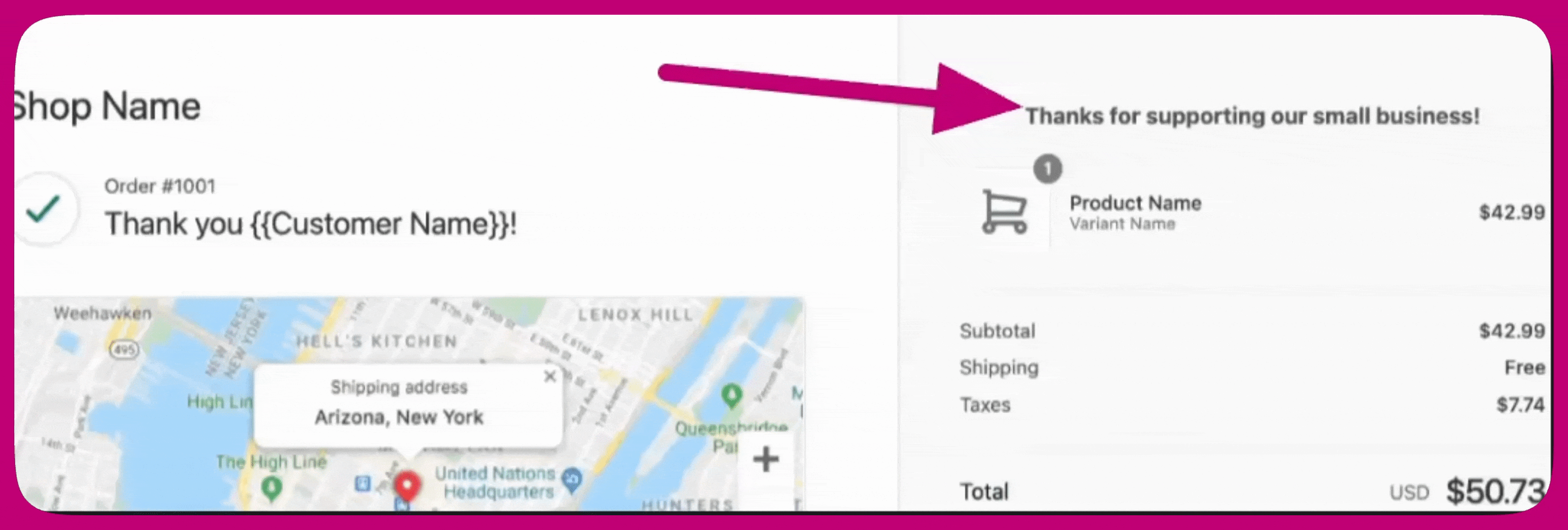 Thank you page text widget displaying a supporting message above the order summary