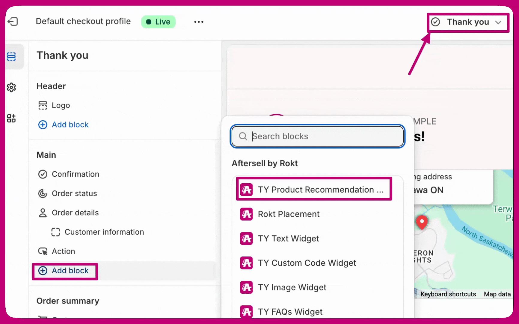Shopify theme editor Add app block menu with the Aftersell Thank You widget selected on the Thank You page
