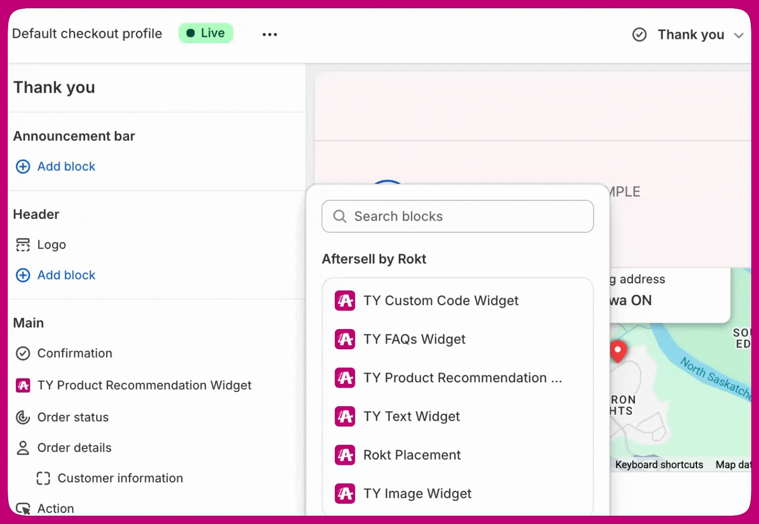 Shopify Checkout Editor Thank you page block picker listing Aftersell app blocks
