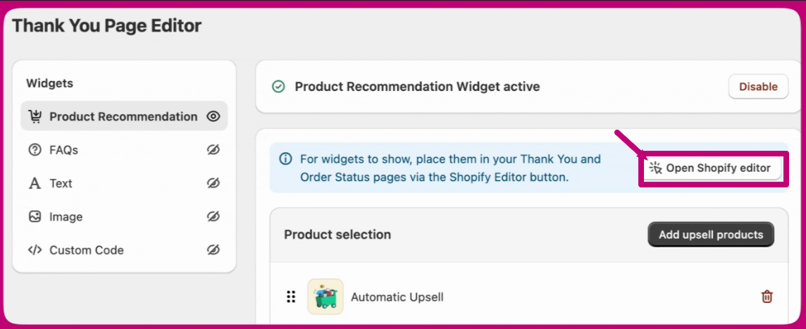 Aftersell Thank You Page Editor with the Open Shopify editor button highlighted