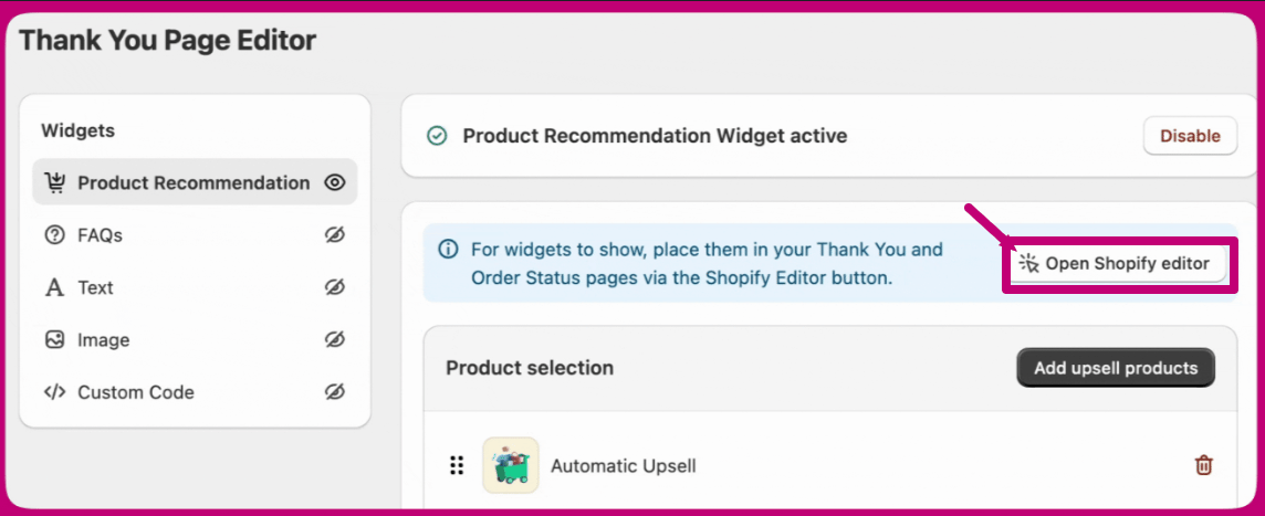 Aftersell Thank You Page Editor with the Open Shopify editor button highlighted