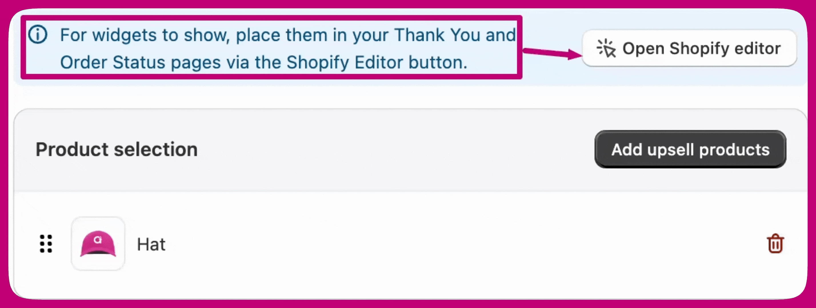 Callout pointing to the Open Shopify editor button above the product selection list