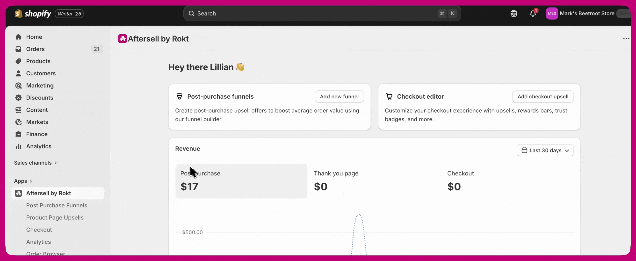 Thank You Page product recommendation widget previewing a snowboard upsell in the Shopify editor