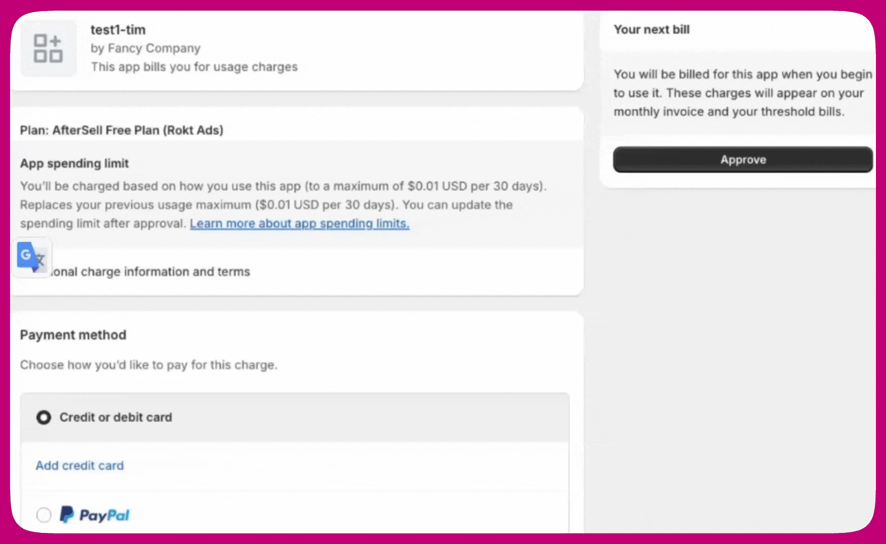 Shopify approval screen for the AfterSell Free Plan Rokt Ads charge with Approve button