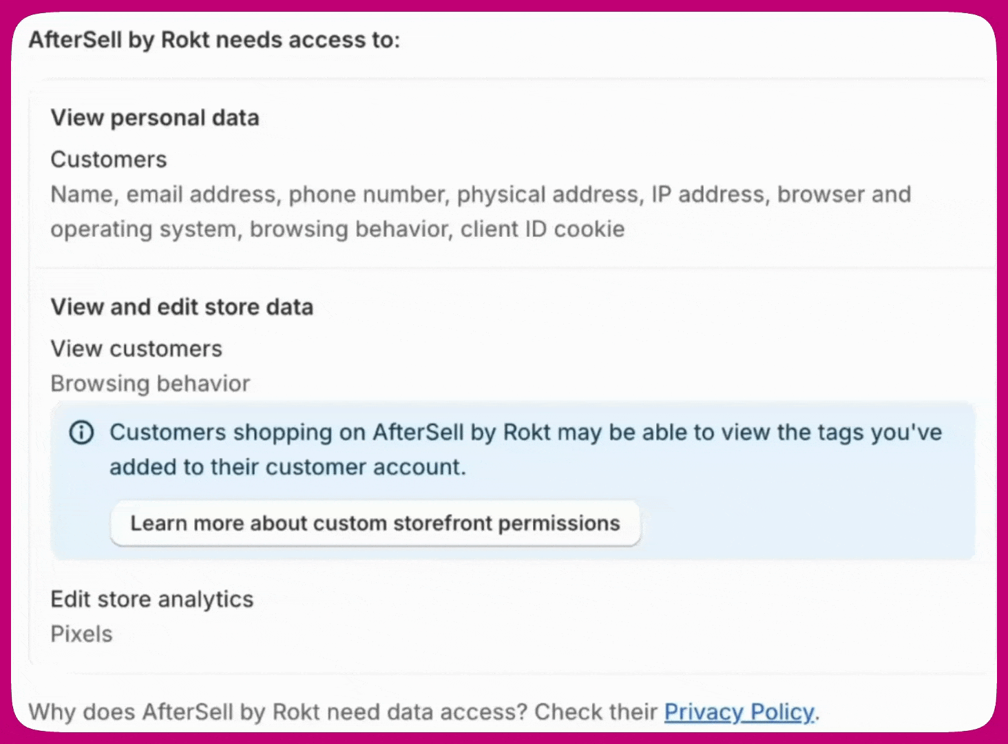 AfterSell by Rokt permission request listing customer data and pixel access scopes