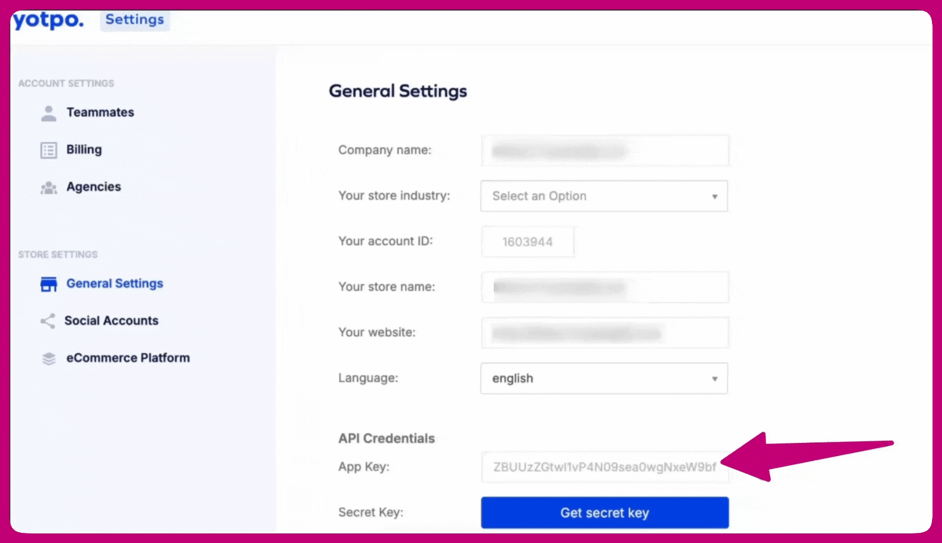 Yotpo General Settings page with an arrow pointing to the App Key field