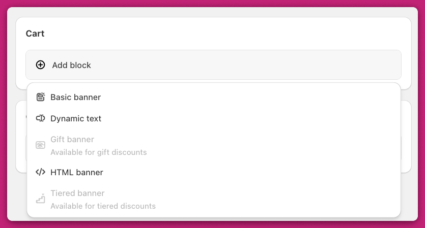 Abra cart template Add block menu listing banner types like Basic banner and Dynamic text