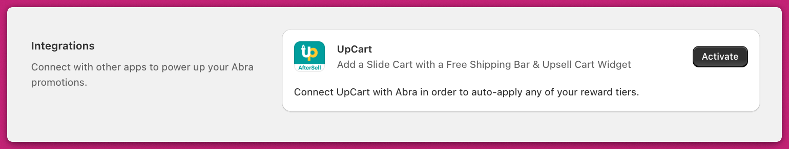 Abra Integrations page showing the UpCart integration card with an Activate button