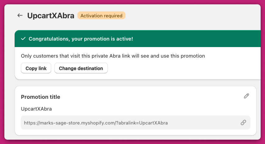 Abra promotion page showing an active UpcartXAbra promotion with its private link and title