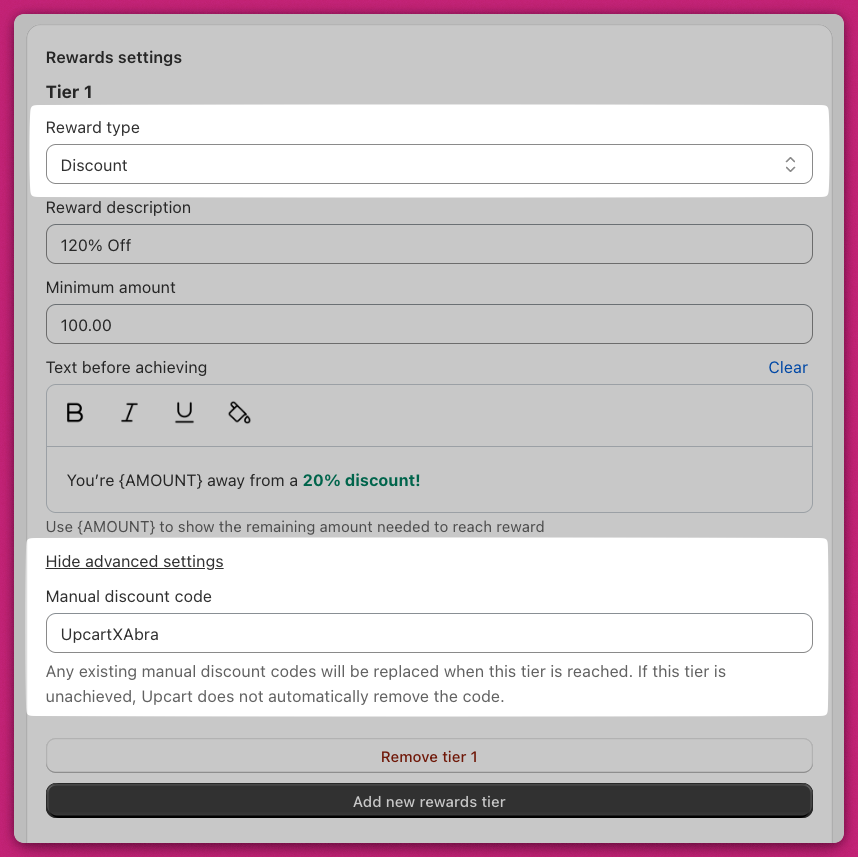 Upcart reward tier Advanced Settings showing the Abra title entered as the manual discount code