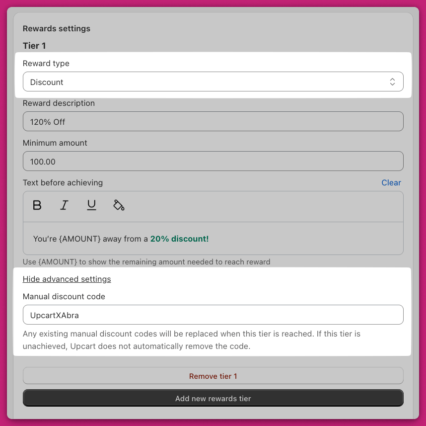 Upcart reward tier Advanced Settings showing the Abra title entered as the manual discount code