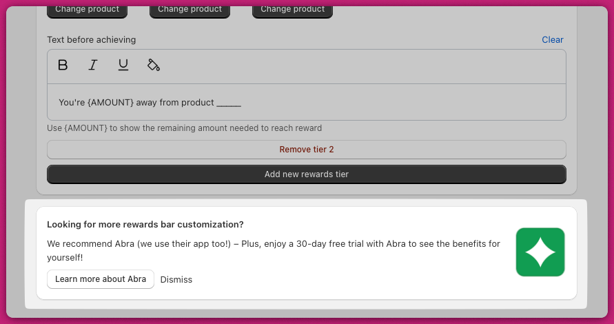 Upcart Rewards Module editor with the Learn more about Abra promotion card at the bottom
