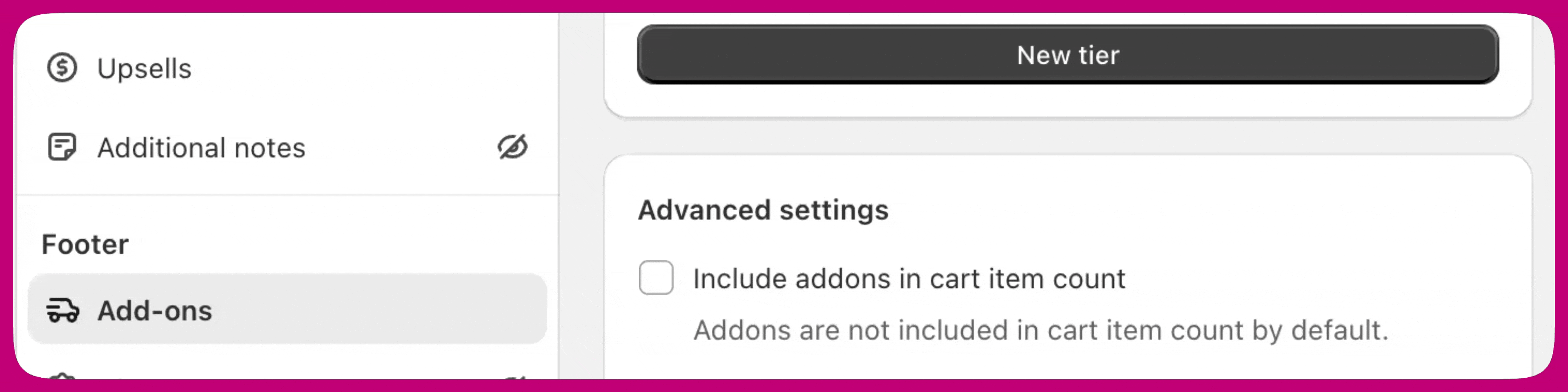 Upcart editor Add-ons advanced settings with the Include addons in cart item count checkbox