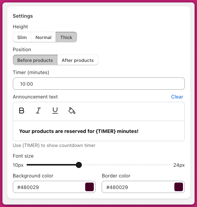 Announcement settings with timer, announcement text field, and colour options
