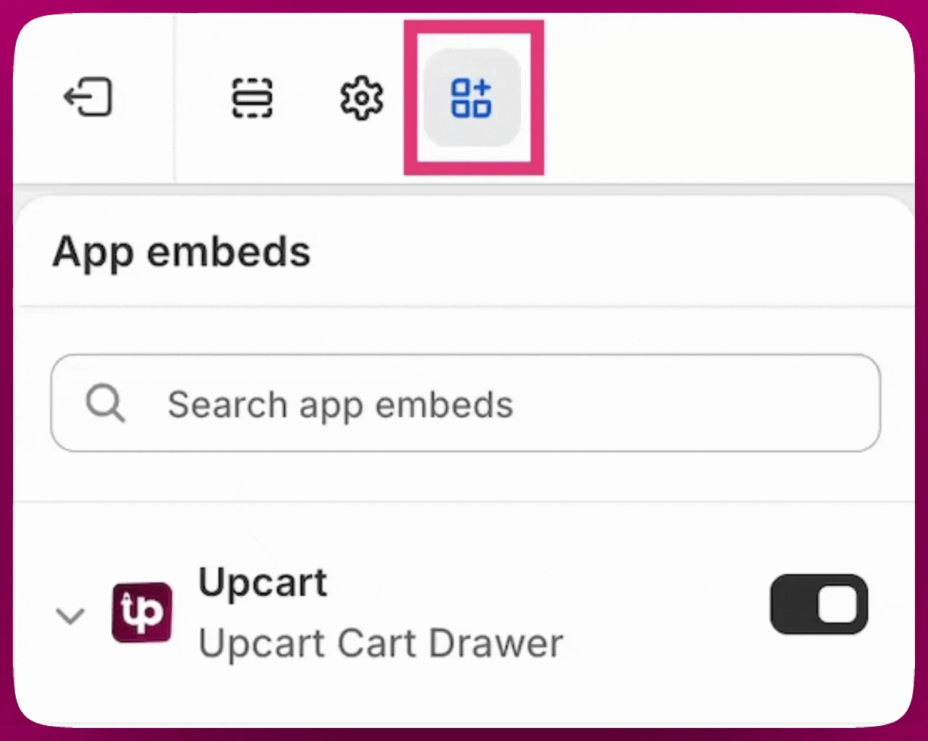 Enabling the Upcart Cart Drawer toggle in the Shopify theme App embeds panel