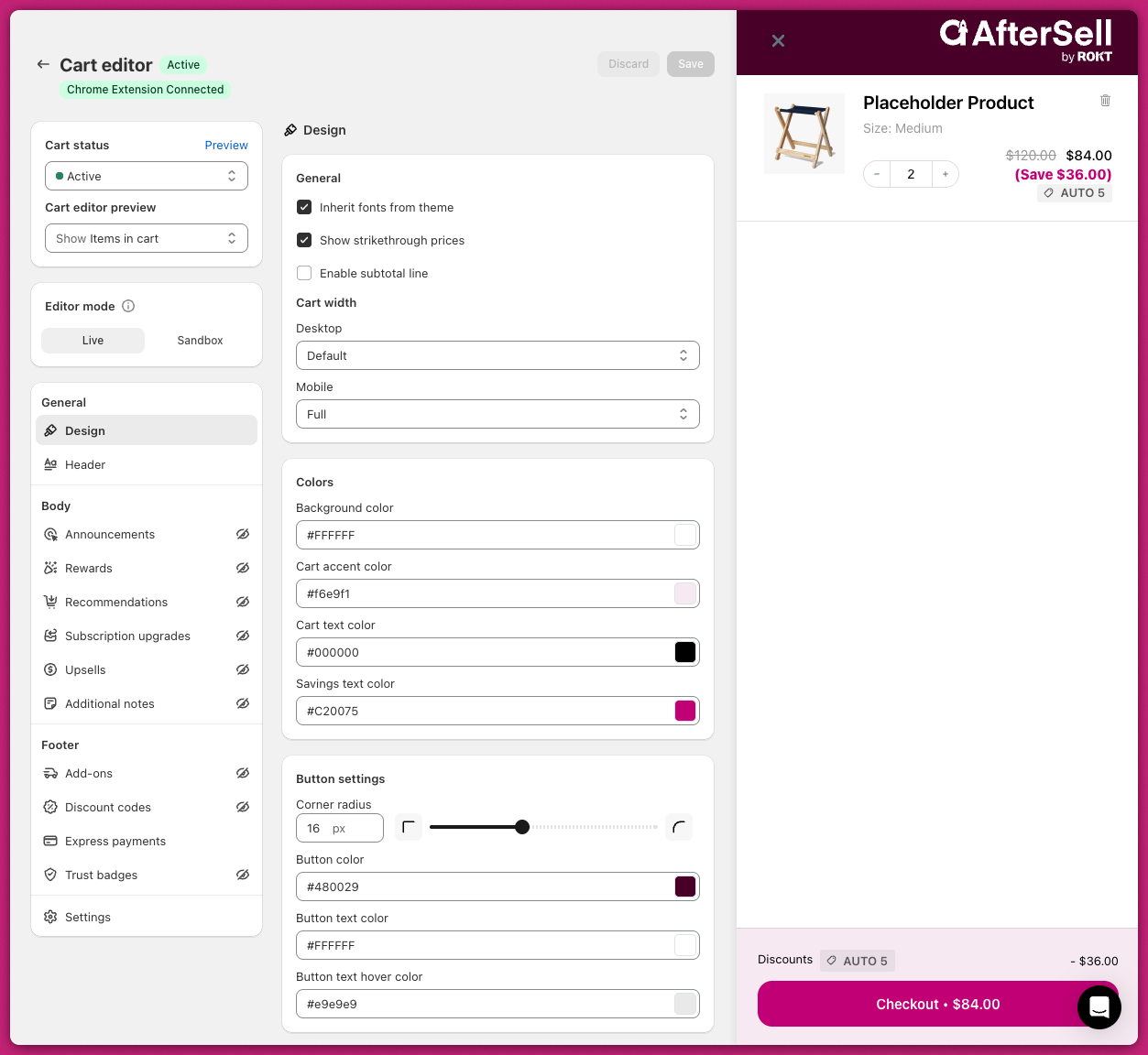 Upcart Cart Editor Design module with colour settings beside a live cart drawer preview