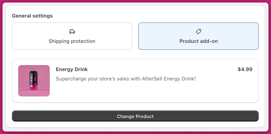 Product add-on tab with a selected Energy Drink product and Change Product button
