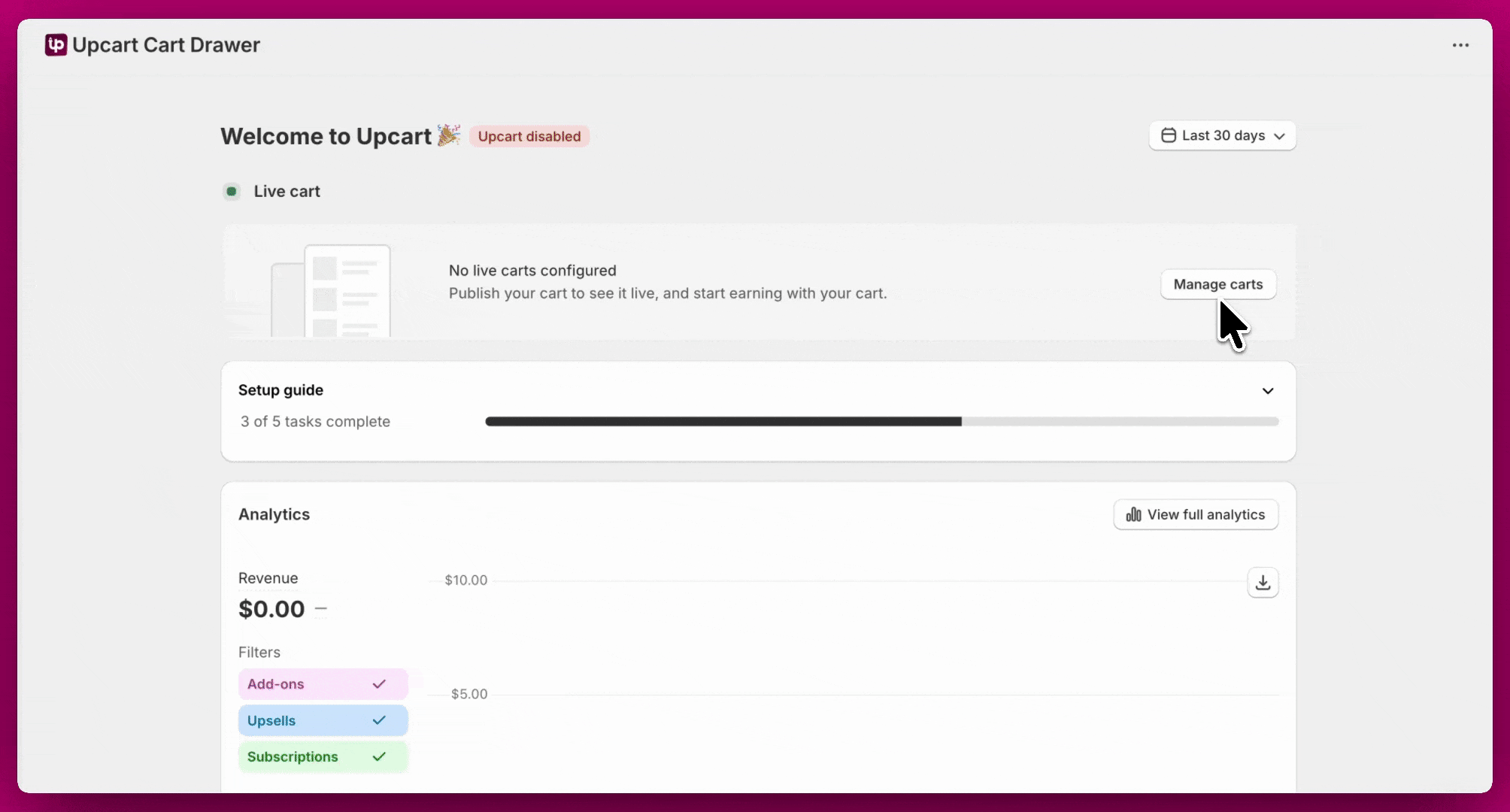 Publishing a cart in Upcart with the Publish confirmation dialog open